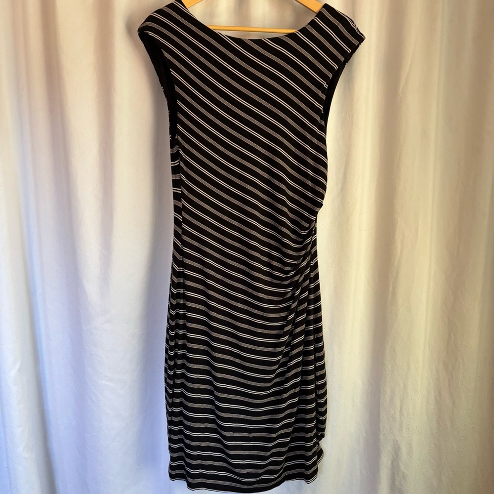LOFT Black and Gray Striped Midi Dress
